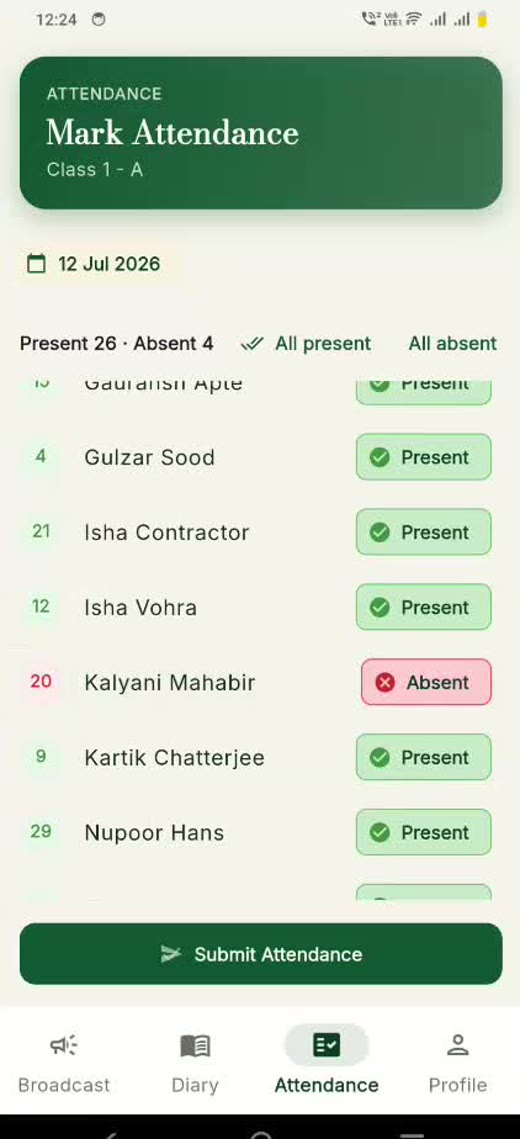 Mark Attendance screen for Class 1-A, showing a present/absent list and a submit button