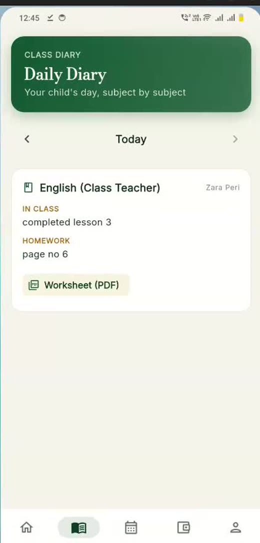 Guardian view of the class diary showing a subject entry with homework