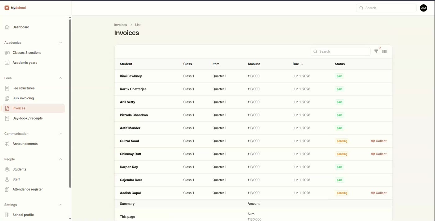 Klassmate web app showing the invoices list with payment status