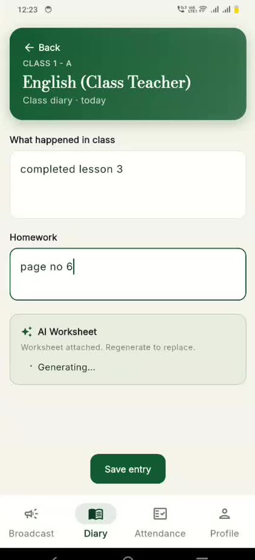 Klassmate mobile app showing a class diary entry with an AI worksheet attached